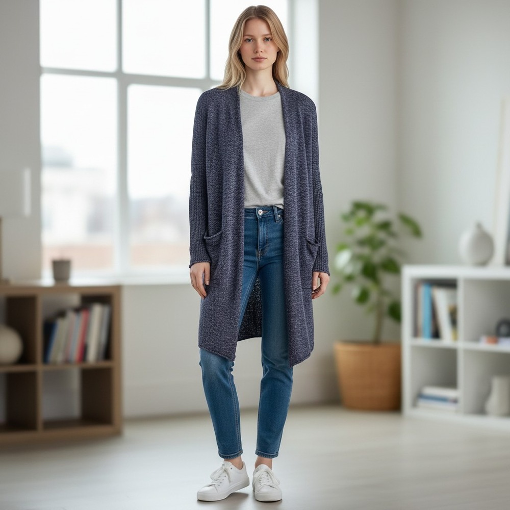 Athleta Navy Blue Cashmere Linen Blend Open Front Cardigan Sweater Small
